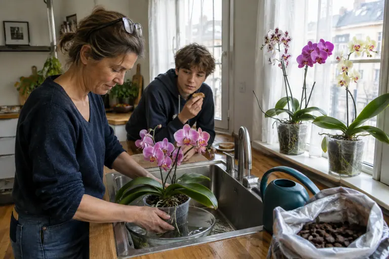 Une femme donne un bain à une orchidée rose dans l’évier de sa cuisine pendant que son fils prend son petit déjeuner