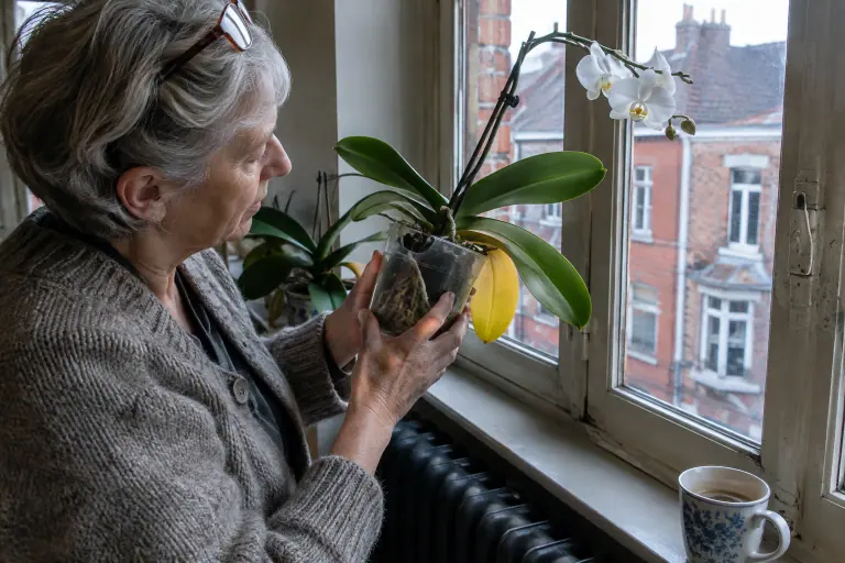 Une femme aux cheveux gris examine près d’une fenêtre un Phalaenopsis blanc dont la feuille la plus basse est devenue entièrement jaune