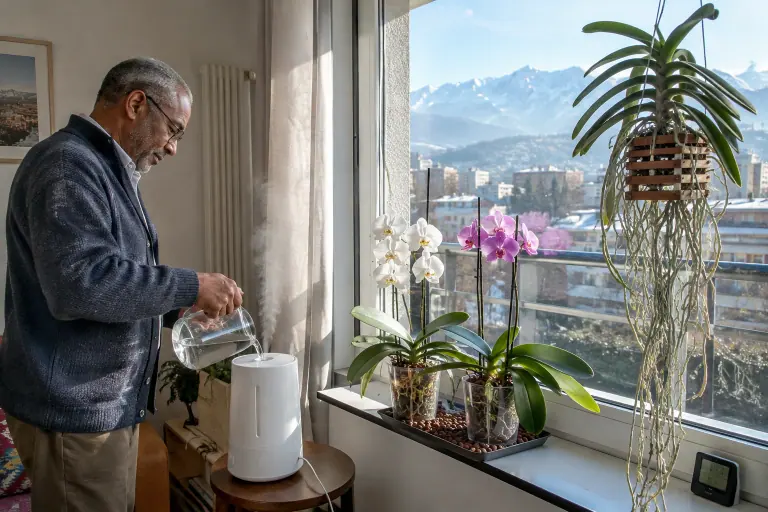 Dans un appartement de Grenoble en hiver, un homme remplit un humidificateur posé à distance d’un groupe d’orchidées, dont un Vanda en panier