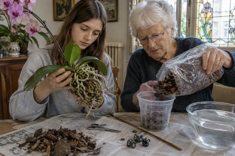 Une grand-mère et sa petite-fille rempotent un phalaenopsis rose sur une table couverte de journal, avec écorce de pin, pot transparent et ciseaux