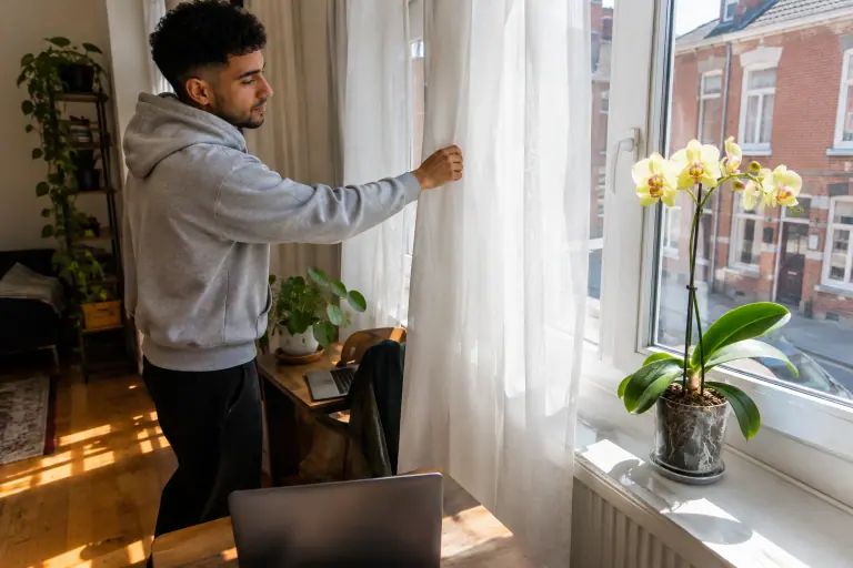 Un jeune homme tire un voilage blanc devant une fenêtre ensoleillée pour protéger une orchidée Phalaenopsis jaune posée sur le rebord