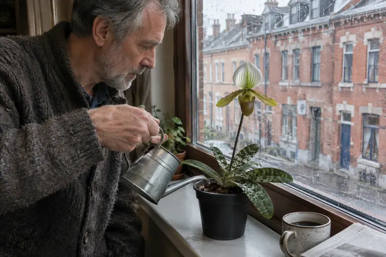Un homme arrose au pied un Paphiopedilum aux feuilles marbrées et à la fleur verte et blanche, sur le rebord d’une fenêtre à Lille