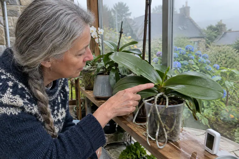 Dans une véranda bretonne, une femme montre du doigt la nouvelle hampe florale qui sort entre les feuilles d’une orchidée Phalaenopsis sans fleurs