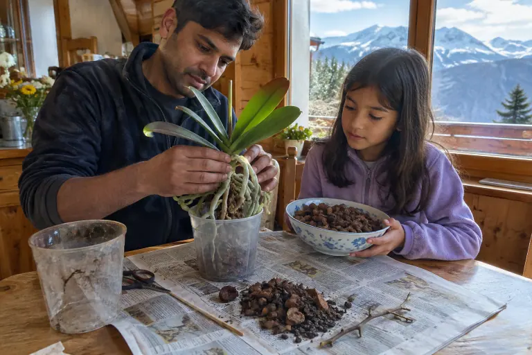 Un père et sa fille rempotent une orchidée Phalaenopsis rose dans un pot transparent, sur la table d’une cuisine de chalet couverte de journal