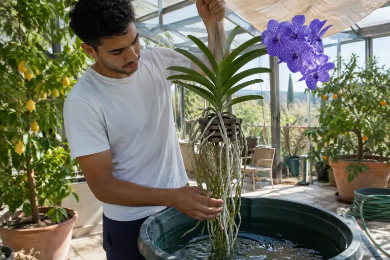 Dans une véranda près de Montpellier, un jeune homme plonge les racines nues d’une Vanda à fleurs bleu violet dans un bac d’eau de pluie
